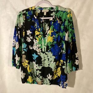 53-10 DANA BUCHMAN black multicolor floral v-cut elastic top L